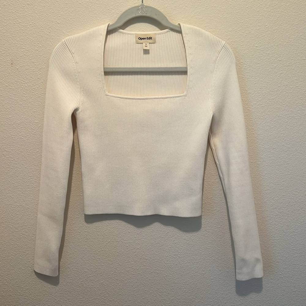 Elegant Cream Ribbed Square Neck Top - Picture 2 of 5